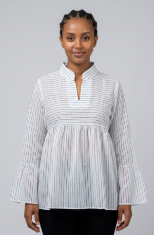Hand-Woven Cotton Babydoll Tunic with Flared Sleeves